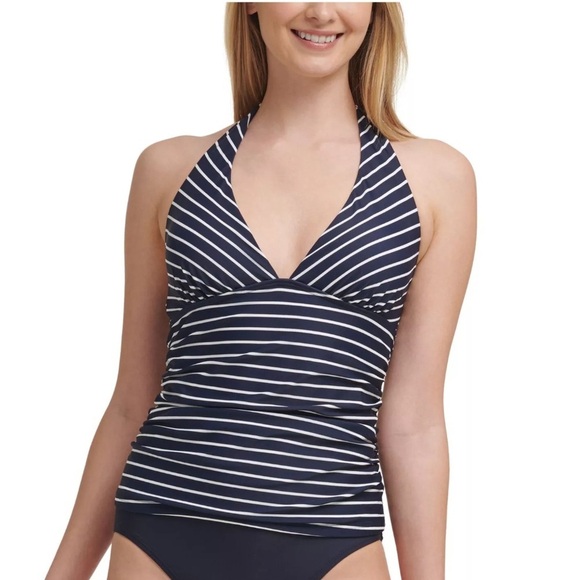 Tommy Hilfiger Navy White Striped Halter UPF Tankini Top Size Small NEW Sailor - Picture 1 of 14